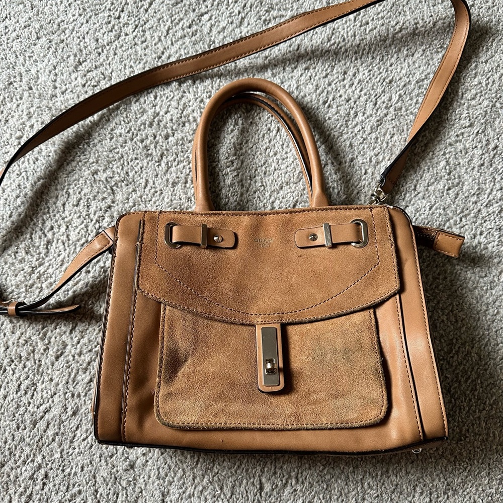 Guess Tan Crossbody Bag with Adjustable Strap and Structured Design